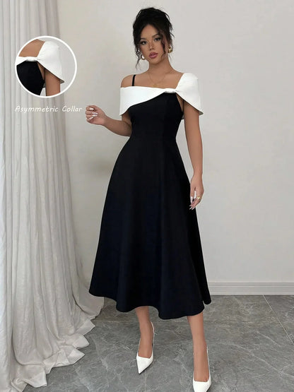 Asymmetrical Neck Contrast Midi Dress - VILLA FASHION