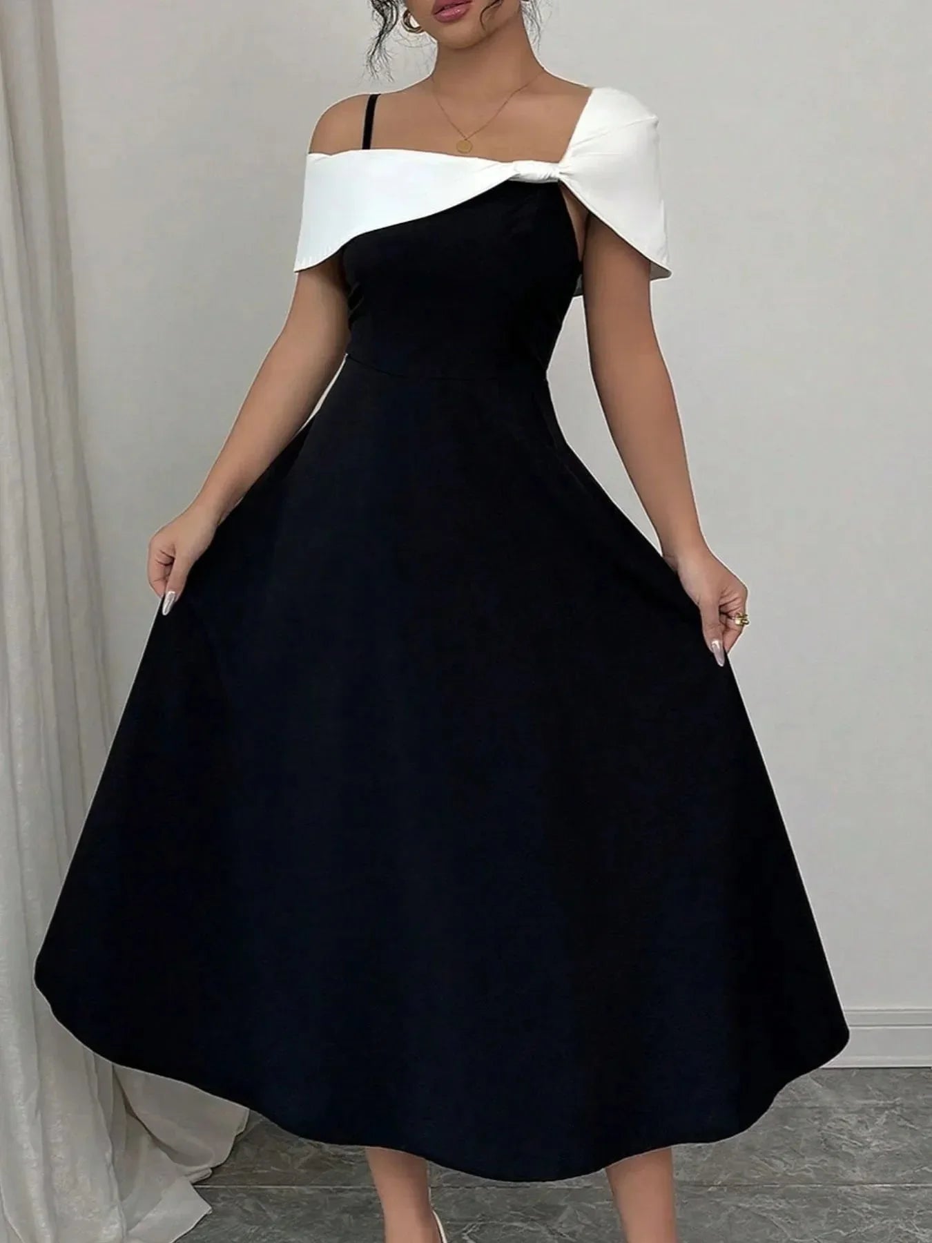 Asymmetrical Neck Contrast Midi Dress - VILLA FASHION