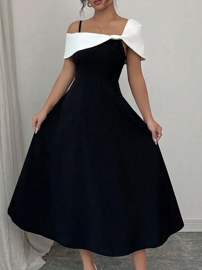 Asymmetrical Neck Contrast Midi Dress - VILLA FASHION