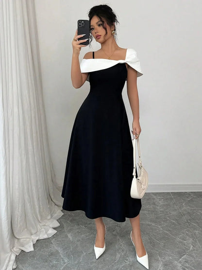 Asymmetrical Neck Contrast Midi Dress - VILLA FASHION