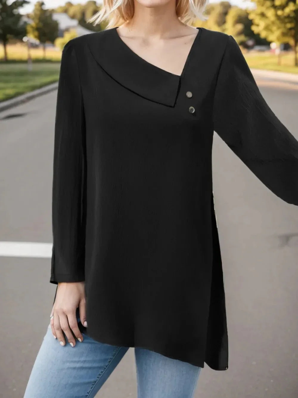 Asymmetrical Neck Long Sleeve Blouse - VILLA FASHION