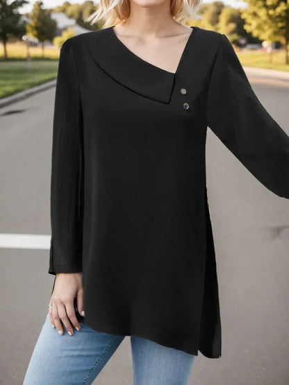 Asymmetrical Neck Long Sleeve Blouse - VILLA FASHION