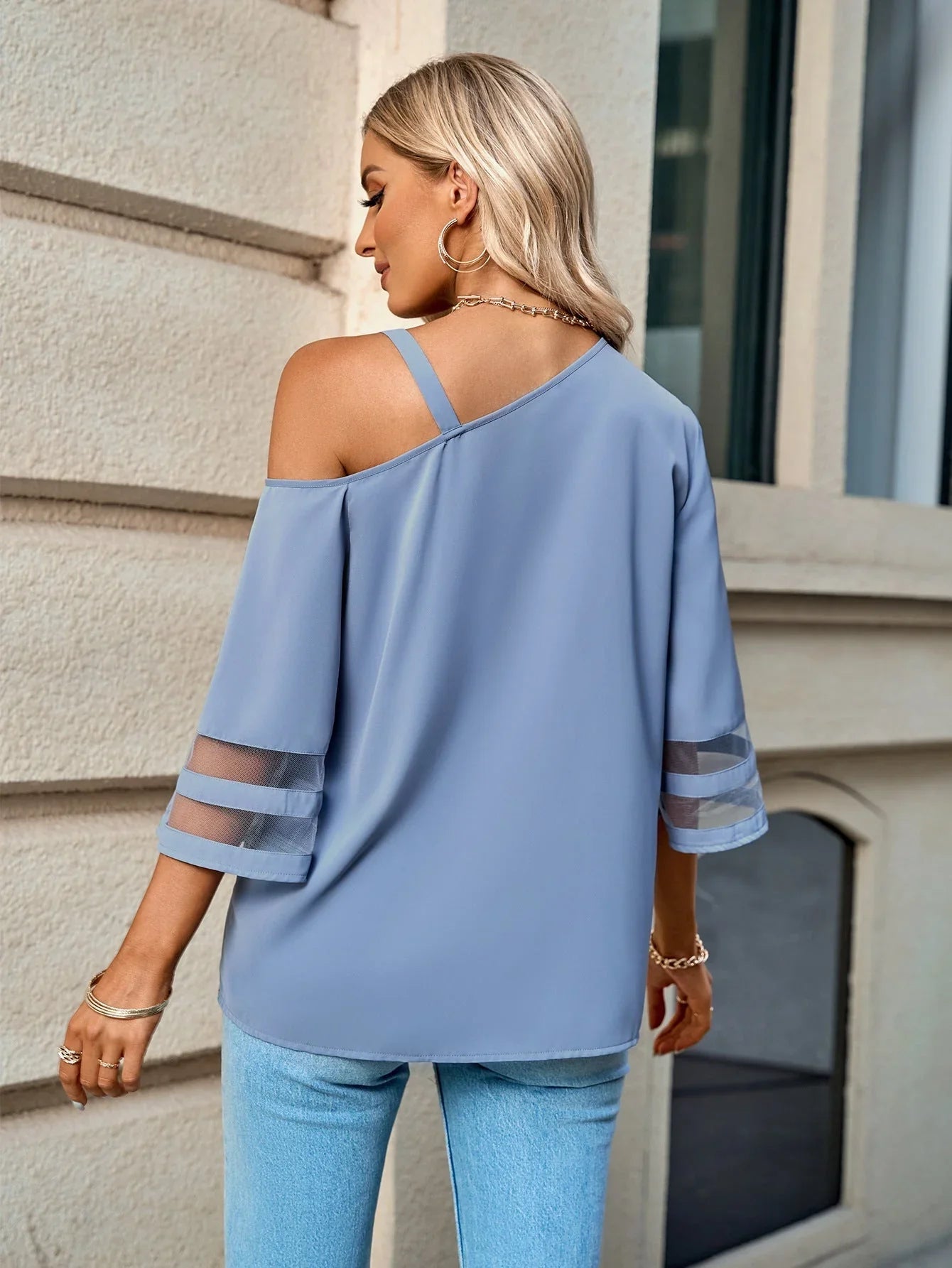 Asymmetrical Neck Sheer Striped Flare Sleeve Blouse - VILLA FASHION