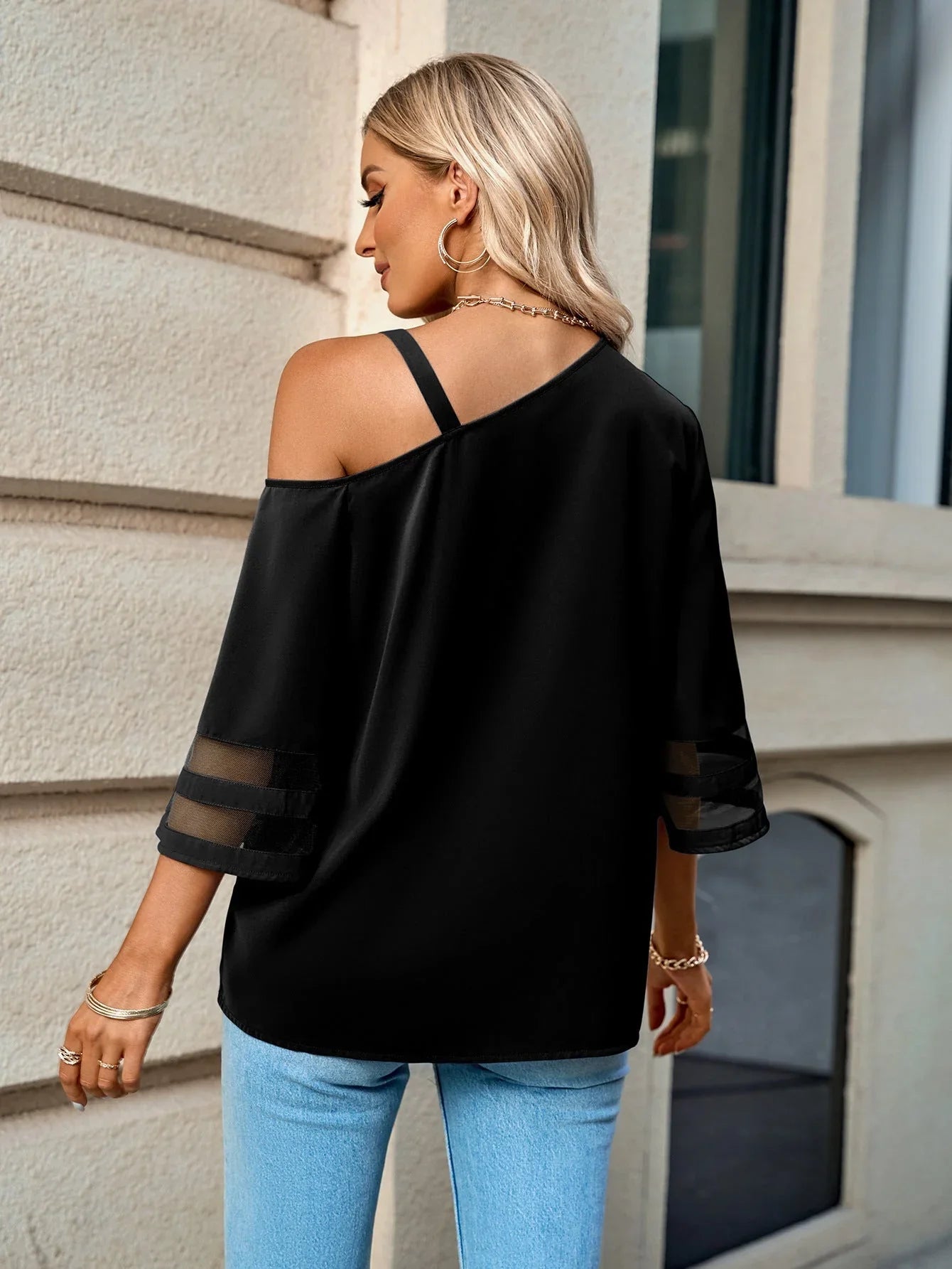 Asymmetrical Neck Sheer Striped Flare Sleeve Blouse - VILLA FASHION