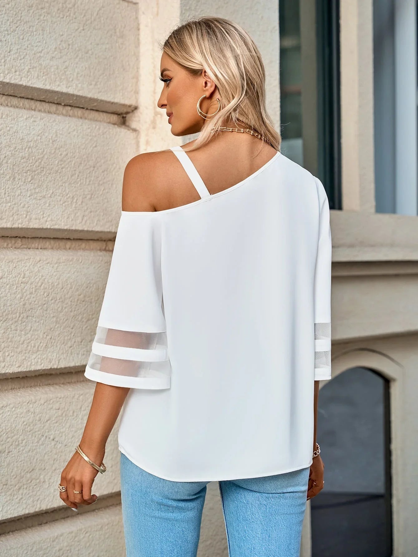Asymmetrical Neck Sheer Striped Flare Sleeve Blouse - VILLA FASHION