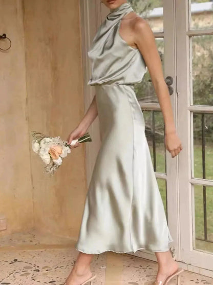 Asymmetrical Ruched Sleeveless Midi Dress - VILLA FASHION