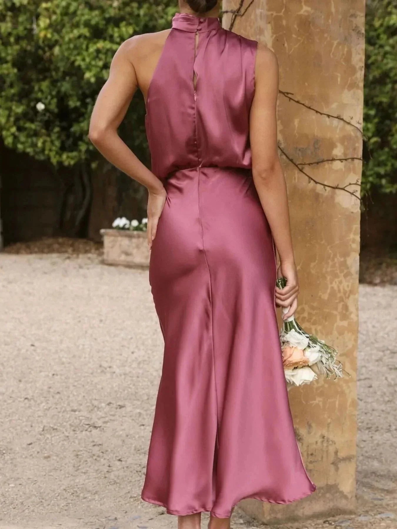 Asymmetrical Ruched Sleeveless Midi Dress - VILLA FASHION