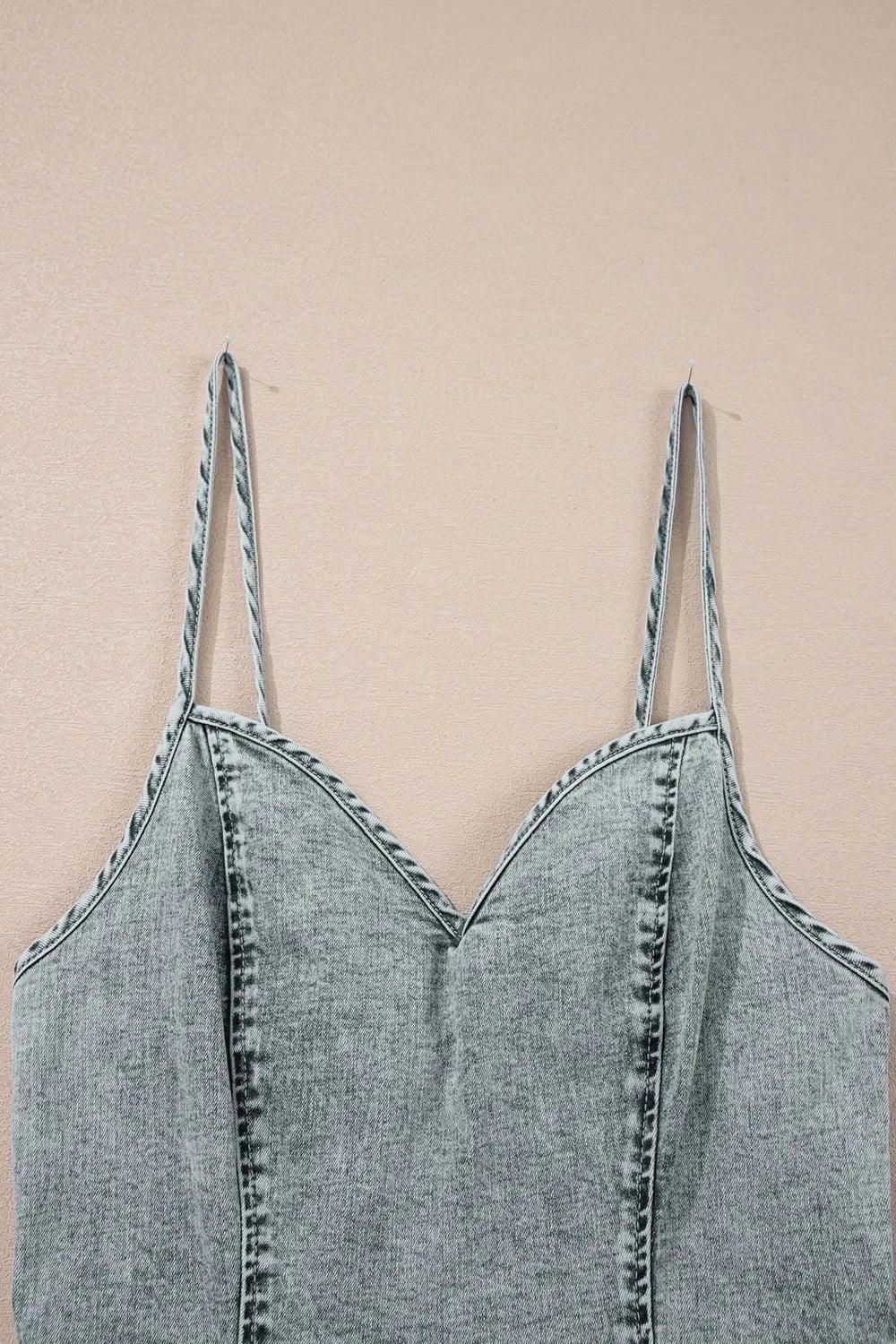 Back Zipped Mini Cami Denim Dress - VILLA FASHION