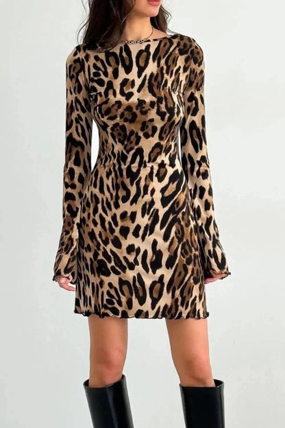 Backless Leopard Long Sleeve Mini Dress - VILLA FASHION