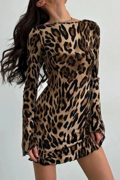 Backless Leopard Long Sleeve Mini Dress - VILLA FASHION