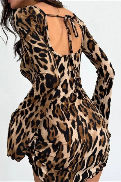 Backless Leopard Long Sleeve Mini Dress - VILLA FASHION