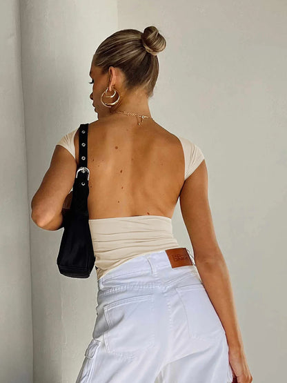 Backless Short Sleeve Cropped Blouse - VILLA FASHION
