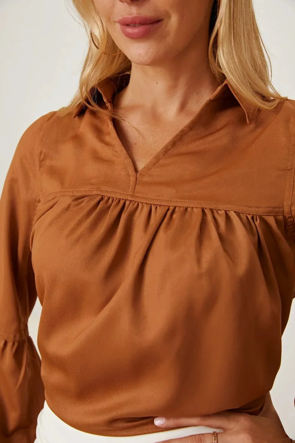 Balloon Sleeve Collared Neck Blouse - VILLA FASHION