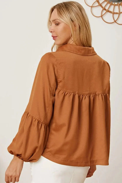 Balloon Sleeve Collared Neck Blouse - VILLA FASHION