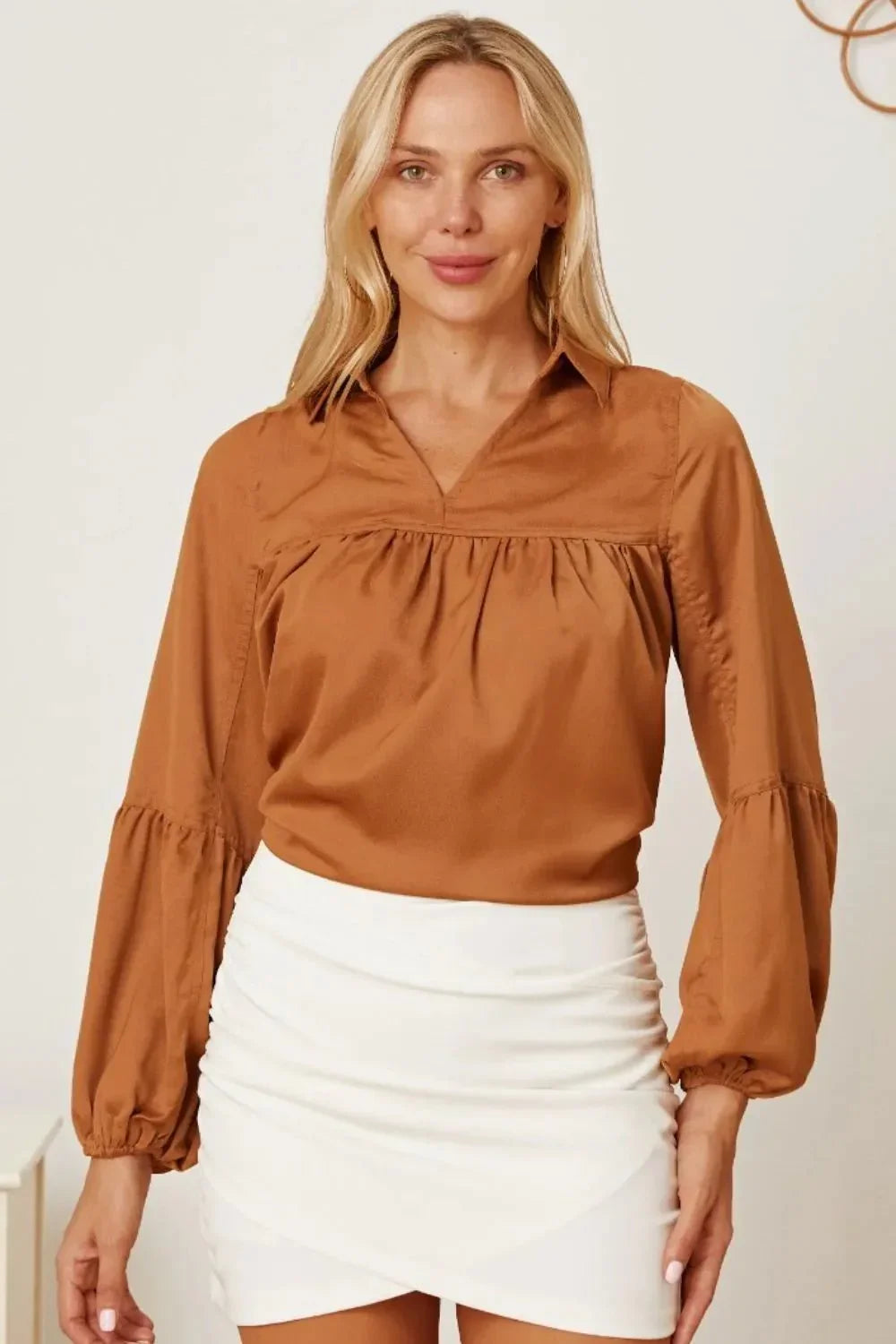 Balloon Sleeve Collared Neck Blouse - VILLA FASHION