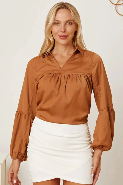 Balloon Sleeve Collared Neck Blouse - VILLA FASHION