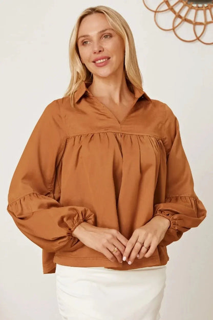 Balloon Sleeve Collared Neck Blouse - VILLA FASHION