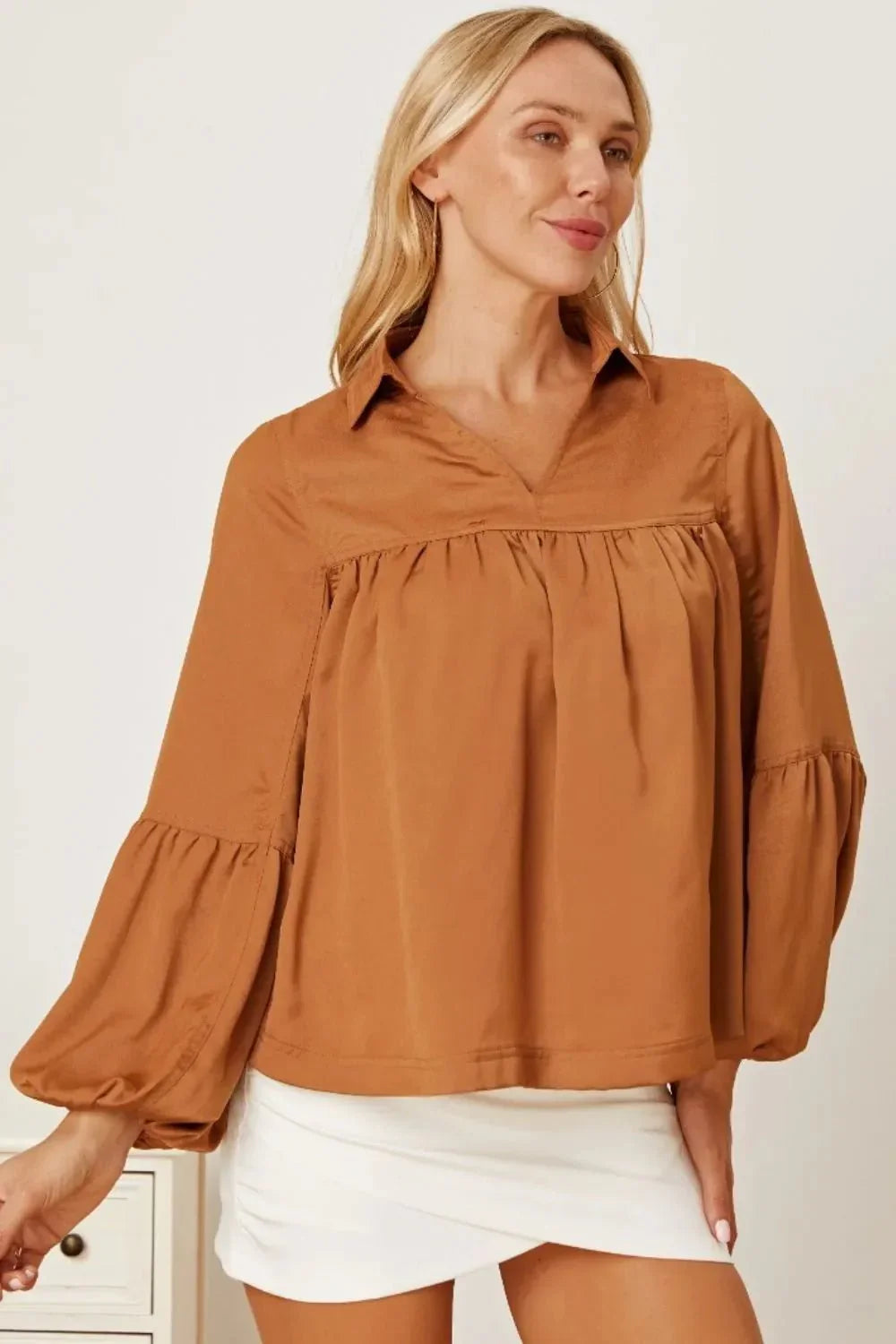 Balloon Sleeve Collared Neck Blouse - VILLA FASHION
