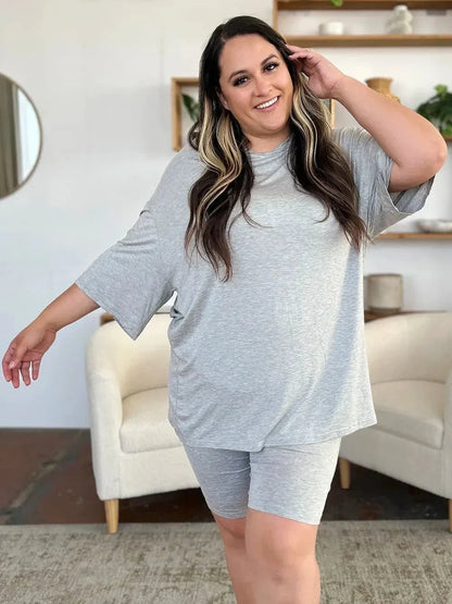 Basic Bae Bamboo Full Size Round Neck Drop Shoulder T-Shirt and Shorts Set - VILLA FASHION