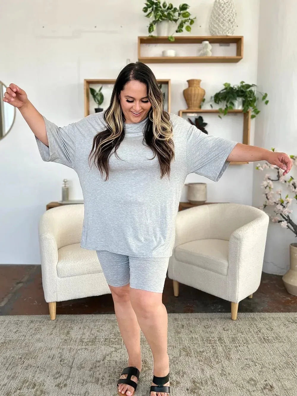 Basic Bae Bamboo Full Size Round Neck Drop Shoulder T-Shirt and Shorts Set - VILLA FASHION