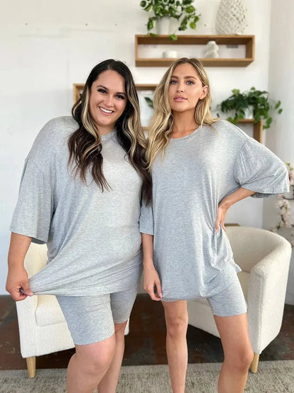 Basic Bae Bamboo Full Size Round Neck Drop Shoulder T-Shirt and Shorts Set - VILLA FASHION