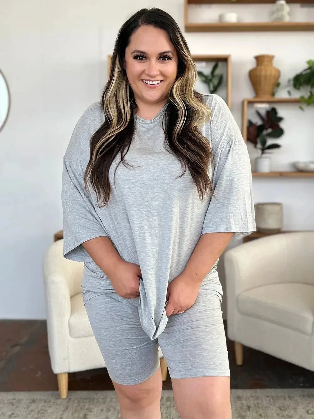 Basic Bae Bamboo Full Size Round Neck Drop Shoulder T-Shirt and Shorts Set - VILLA FASHION