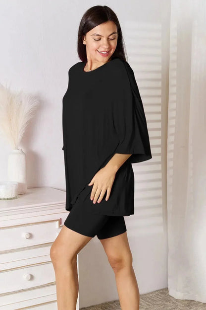 Basic Bae Bamboo Full Size Round Neck Drop Shoulder T-Shirt and Shorts Set - VILLA FASHION