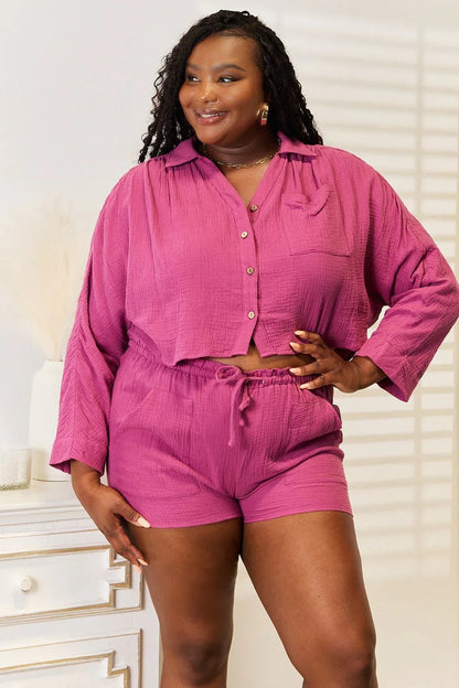 Basic Bae Buttoned Long Sleeve Top and Shorts Set - VILLA FASHION