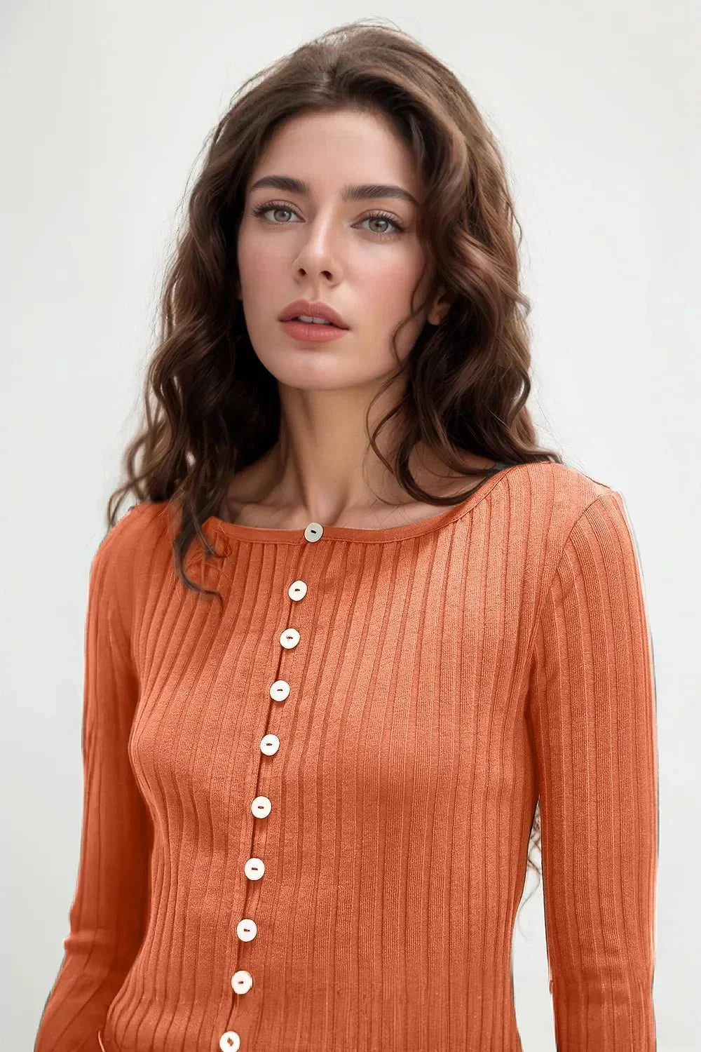 Basic Bae Texture Button Up Round Neck Long Sleeve Top - VILLA FASHION