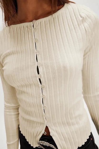 Basic Bae Texture Button Up Round Neck Long Sleeve Top - VILLA FASHION