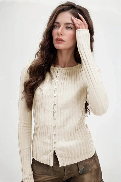 Basic Bae Texture Button Up Round Neck Long Sleeve Top - VILLA FASHION