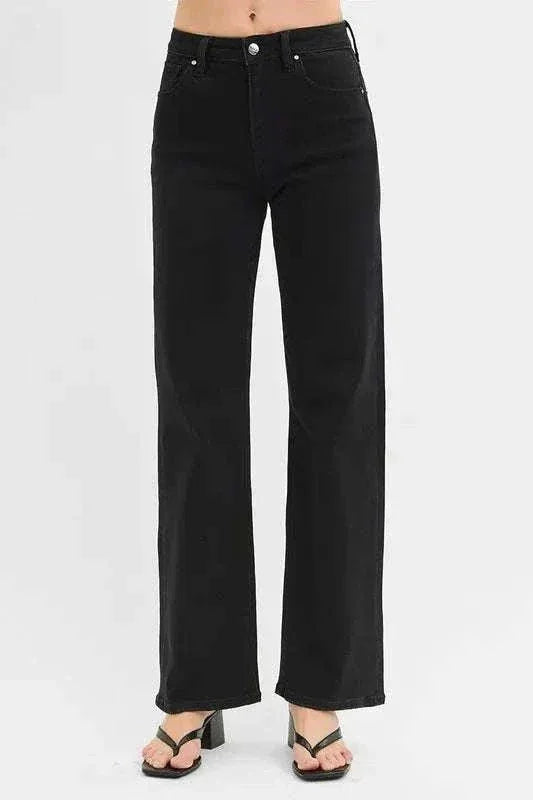 RISEN Full Size plus size black high rise wide leg jeans with pockets and slight stretch