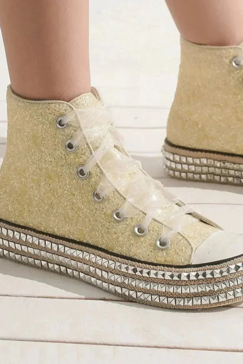 Beast Fashion Glitter Lace - Up Studded Platform Sneakers - VILLA FASHION