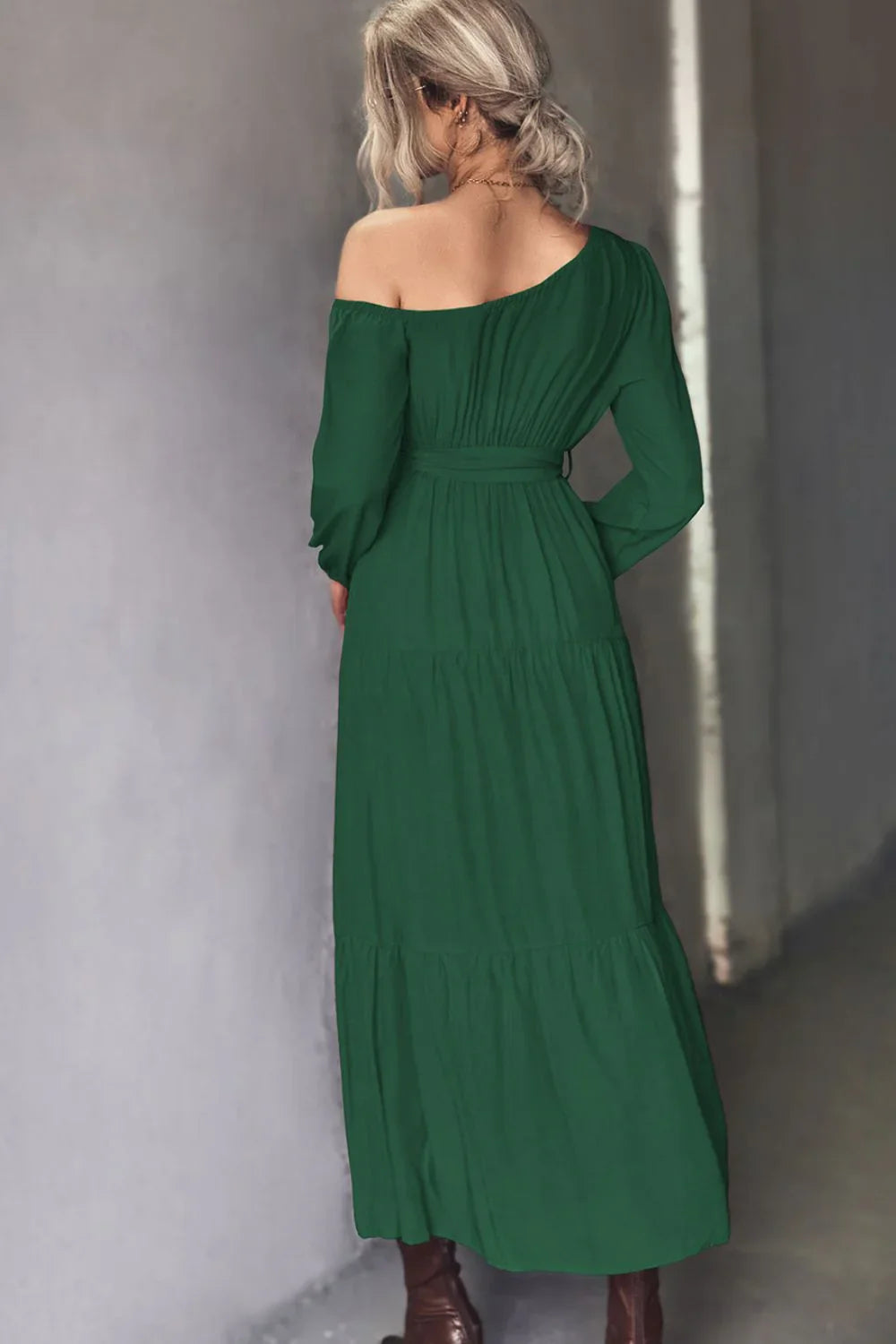 Belted One - Shoulder Tiered Maxi Dress - VILLA FASHION
