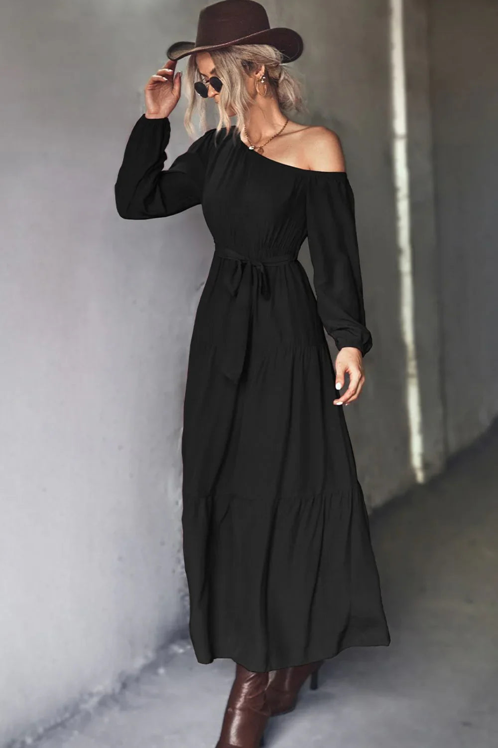 Belted One - Shoulder Tiered Maxi Dress - VILLA FASHION