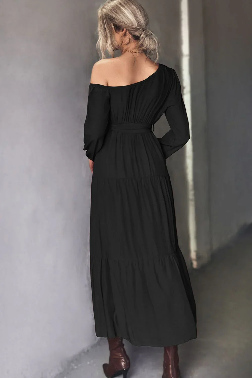Belted One - Shoulder Tiered Maxi Dress - VILLA FASHION