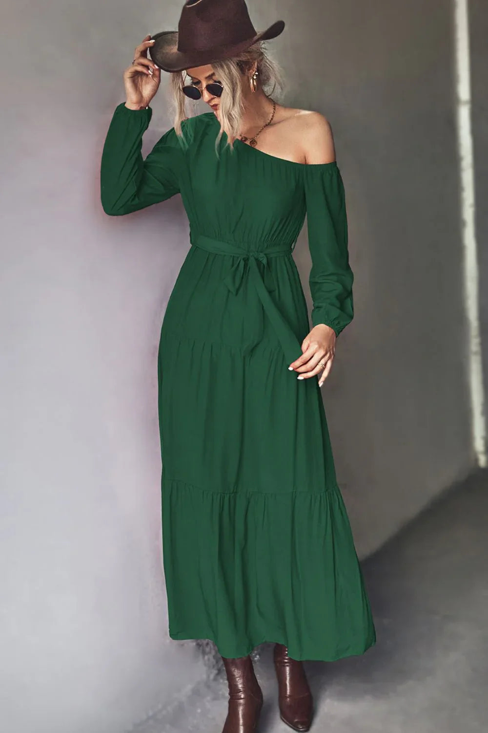 Belted One - Shoulder Tiered Maxi Dress - VILLA FASHION