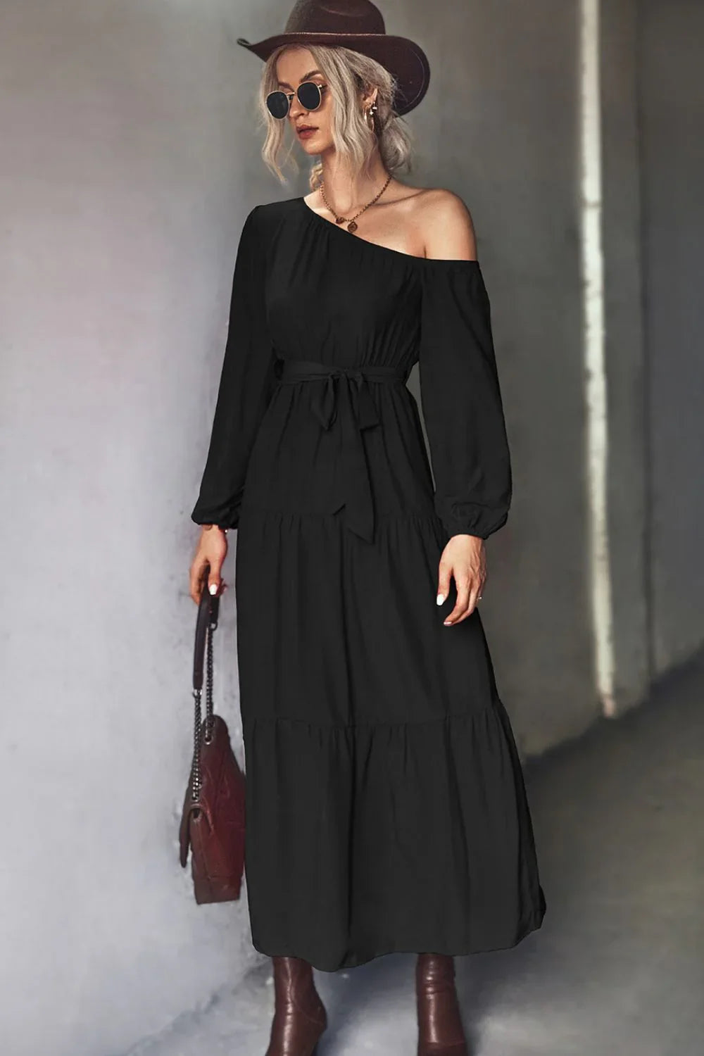 Belted One - Shoulder Tiered Maxi Dress - VILLA FASHION