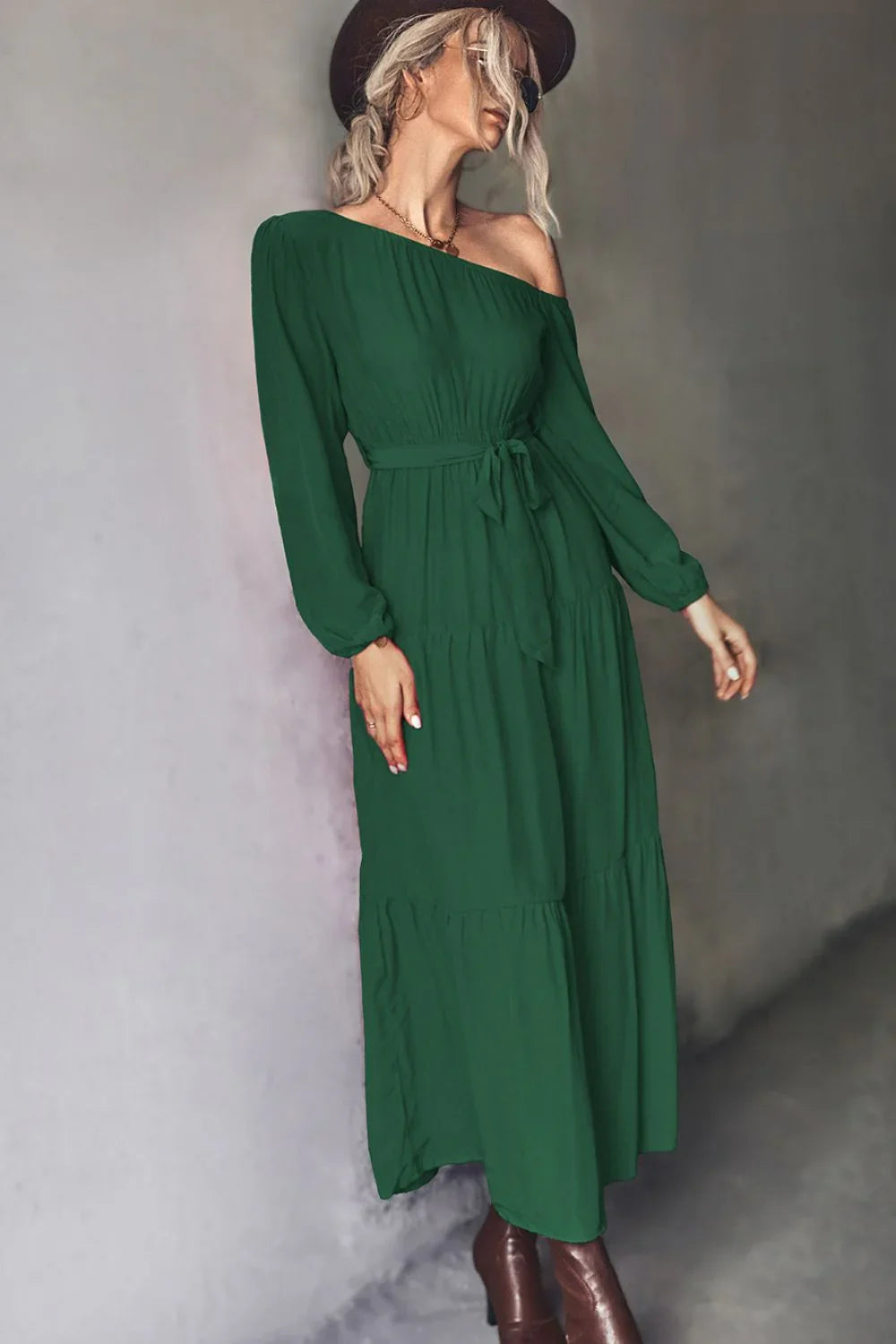 Belted One - Shoulder Tiered Maxi Dress - VILLA FASHION