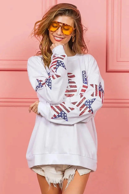 BiBi American Flag USA and Star Sequin Sweatshirt - VILLA FASHION