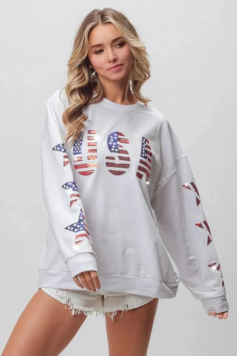 BiBi American Flag USA and Star Sequin Sweatshirt - VILLA FASHION