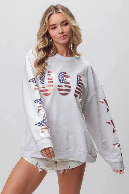 BiBi American Flag USA and Star Sequin Sweatshirt - VILLA FASHION