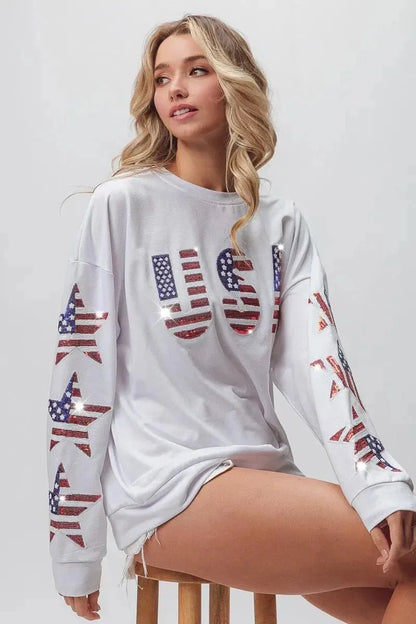 BiBi American Flag USA and Star Sequin Sweatshirt - VILLA FASHION
