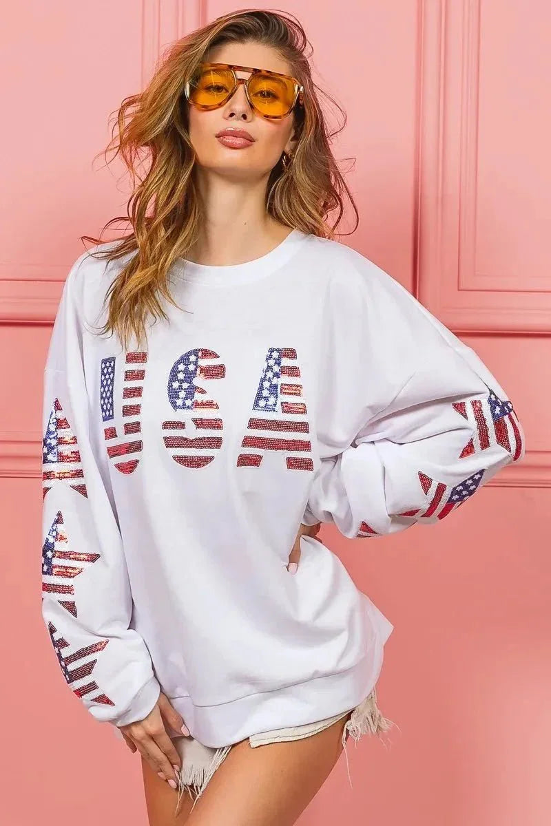 BiBi American Flag USA and Star Sequin Sweatshirt - VILLA FASHION