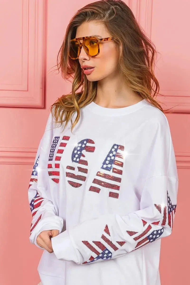 BiBi American Flag USA and Star Sequin Sweatshirt - VILLA FASHION