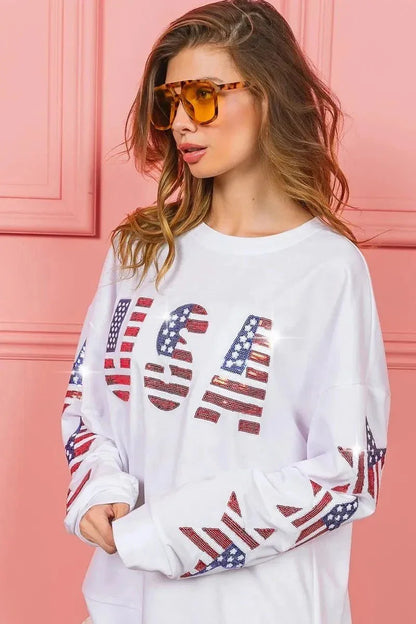 BiBi American Flag USA and Star Sequin Sweatshirt - VILLA FASHION