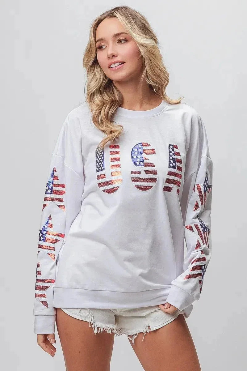 BiBi American Flag USA and Star Sequin Sweatshirt - VILLA FASHION