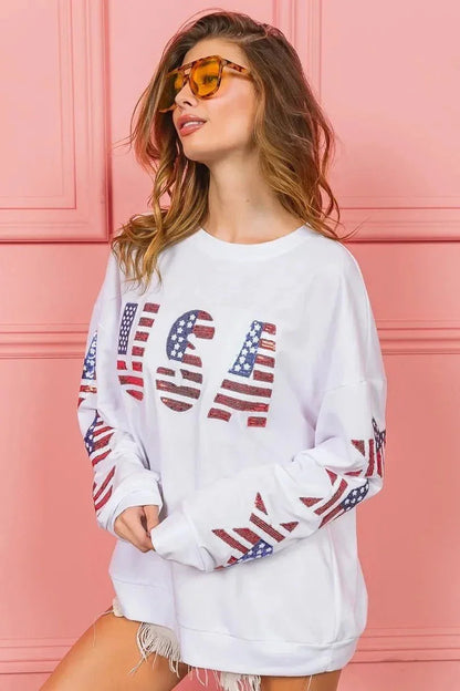 BiBi American Flag USA and Star Sequin Sweatshirt - VILLA FASHION