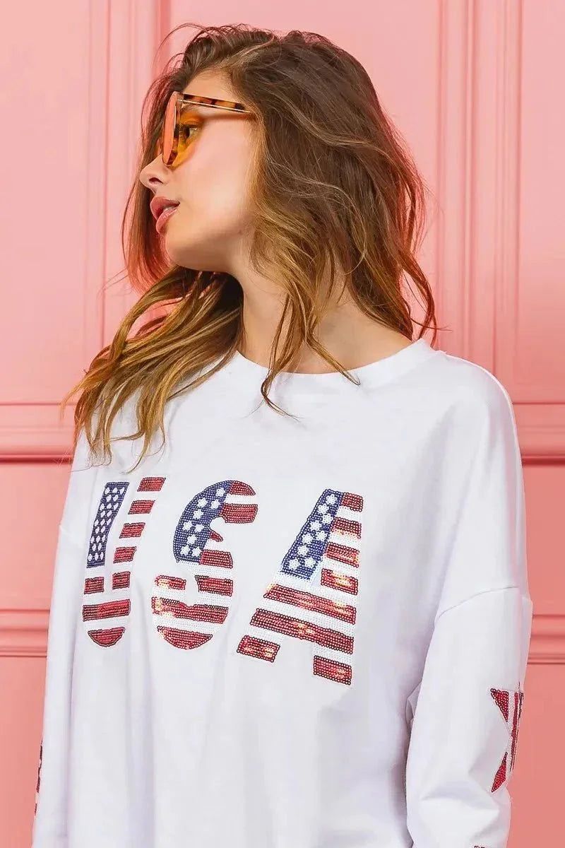 BiBi American Flag USA and Star Sequin Sweatshirt - VILLA FASHION