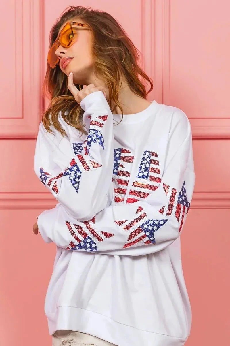 BiBi American Flag USA and Star Sequin Sweatshirt - VILLA FASHION